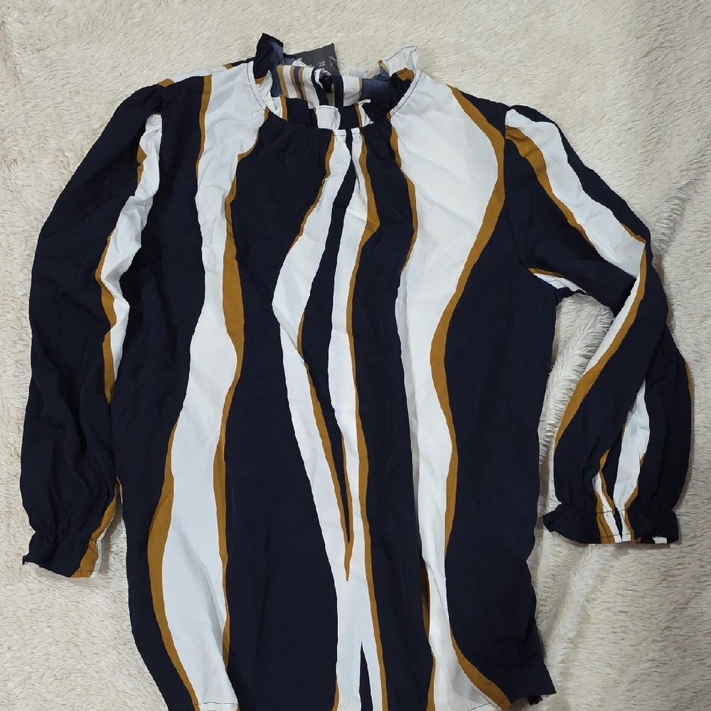 Elegant Navy, White, and Brown Woman Long Sleeve Shirt